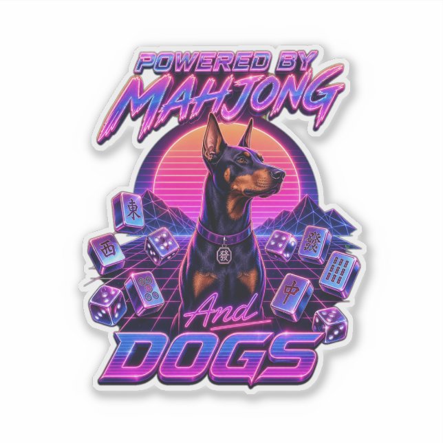 Mahjong & Dogs Synthwave Dobermann Kunst Aufkleber (Vorderseite)