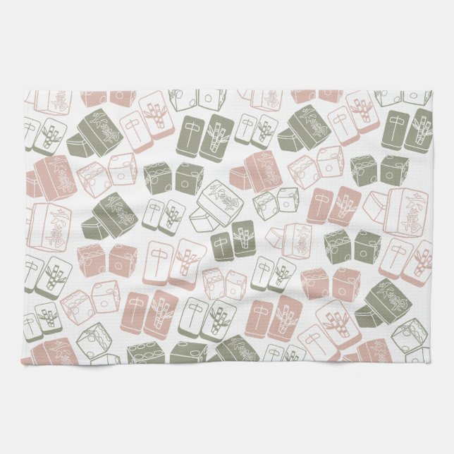 Mahjong-Fliesen und Würfel, rosa und grün Geschirrtuch (Horizontal)