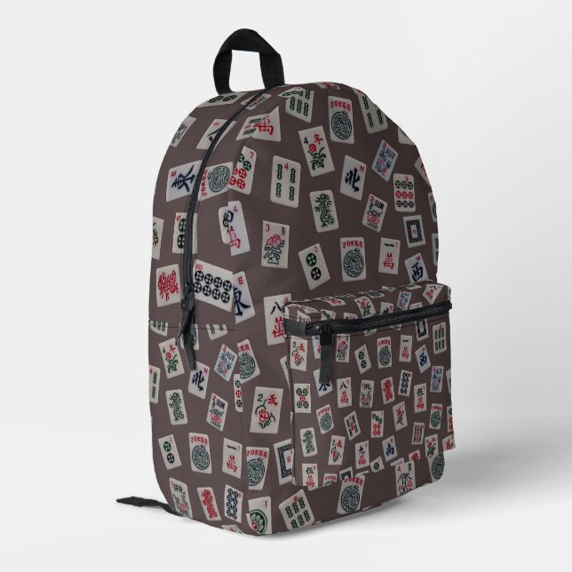 MahJong-Fliesensymbole auf braun Bedruckter Rucksack (Rückseitige Ecke links)