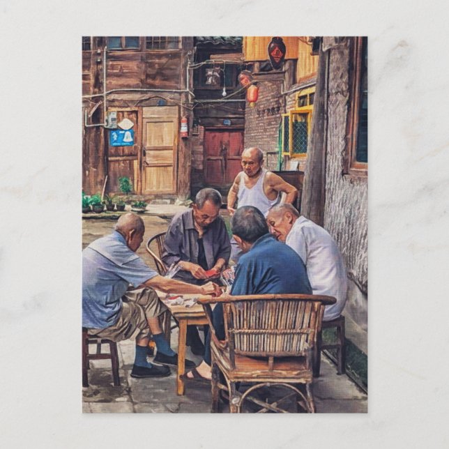 Mahjong in der Alley-Hutong-China Postkarte (Vorderseite)