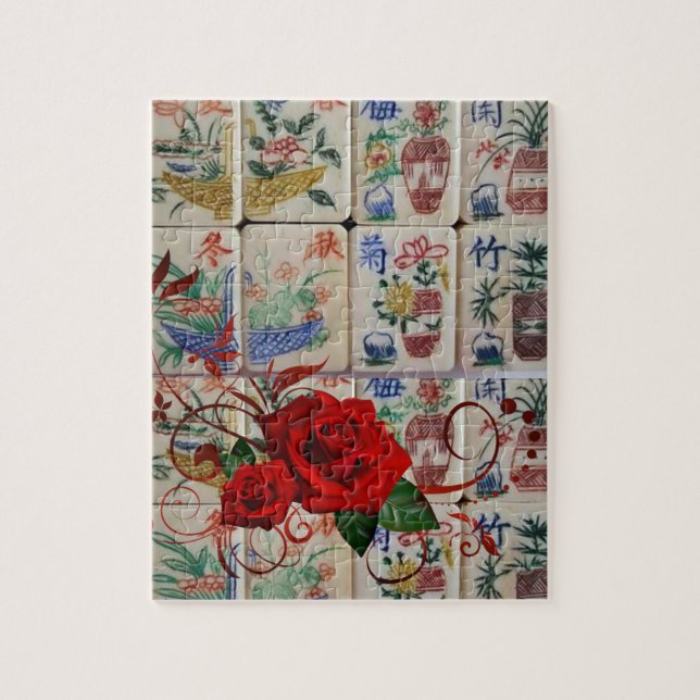 Mahjong Jigsaw Puzzle Red Rose Floral (Vertical)