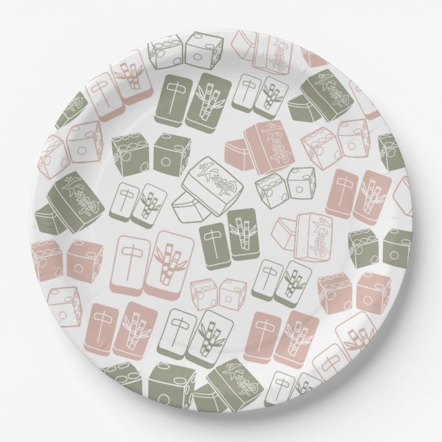 Mahjong Kacheln und Würfel in Rosa und Khaki Pappteller (Vorderseite)