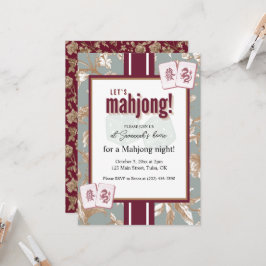 Mahjong-Party-Einladung, burgunderrote Toile, Stei Einladung