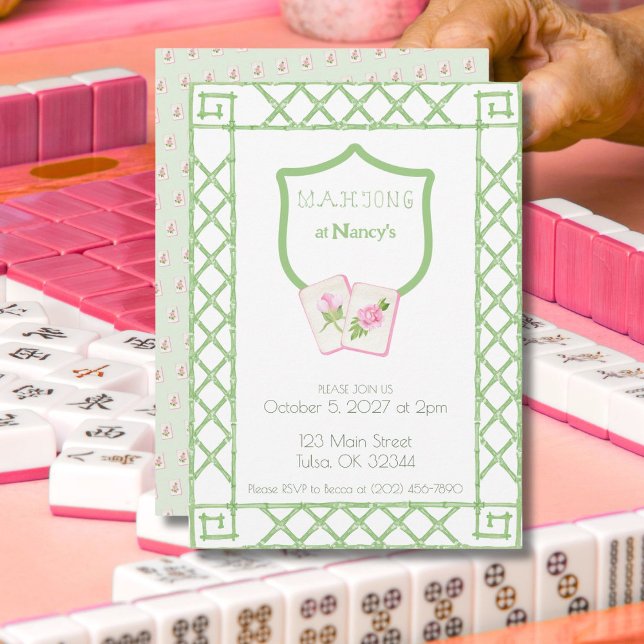 Mahjong Party Einladung, Grüne Blume Bamboo Einladung (Von Creator hochgeladen)