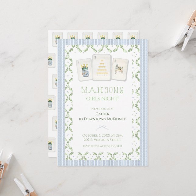 Mahjong Party Invitation, Preppy Champagne  Einladung (Vorderseite/Rückseite Beispiel)