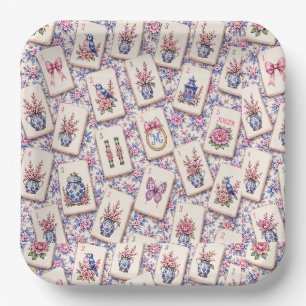 Mahjong rosa und blaue Kacheln Pappteller