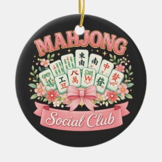 Mahjong-Social-Club Rosa Blumen-Schleife Keramik Ornament