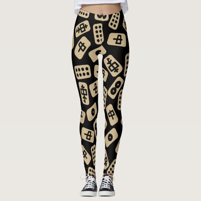 Mahjong Tiles Brown auf Black Leggings (Vorderseite)