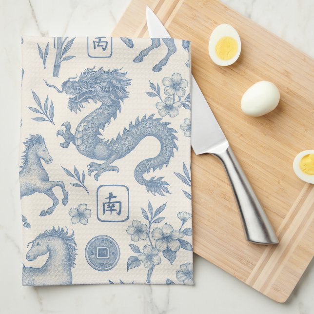 Mahjong Toile Kitchen Towel - Horses and Dragons Geschirrtuch (Viertel Falte)