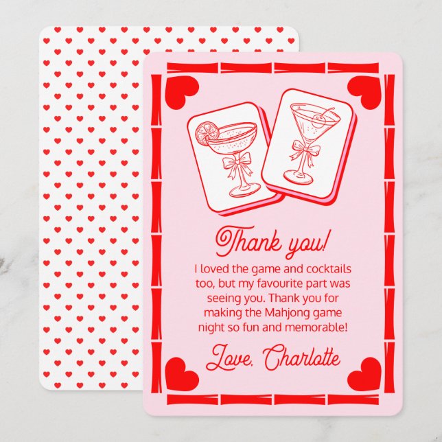 Mahjong Valentine's Cocktail Thank You Card Einladung (Vorne/Hinten)