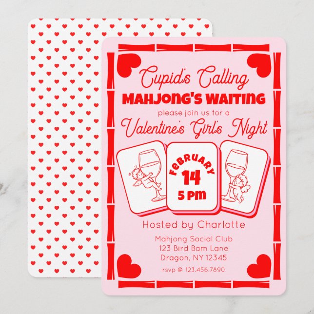 Mahjong Valentine's Party Cupid Invitation Einladung (Vorne/Hinten)
