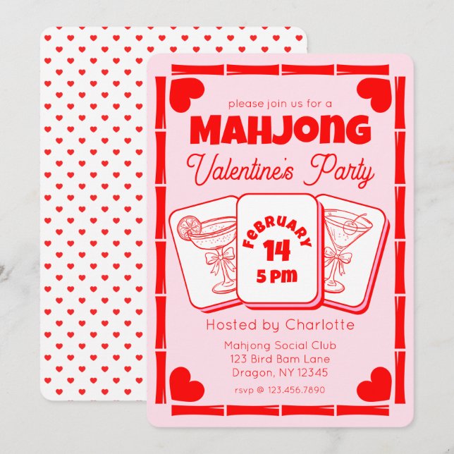 Mahjong Valentine's Pink Party Invitation (Devant / Derrière)