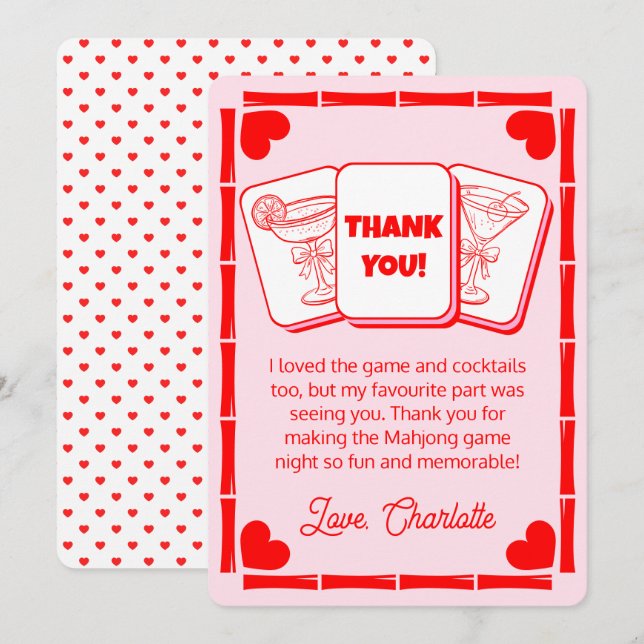 Mahjong Valentine's Pink Thank You Card Einladung (Vorne/Hinten)