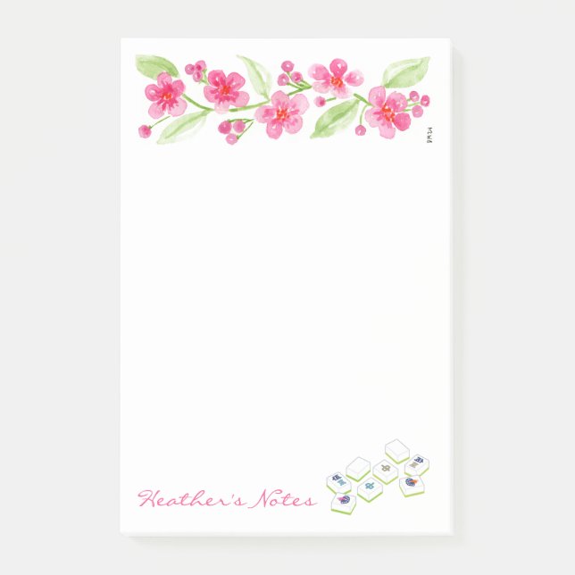 Mahjong Watercolor Cherry Blossom Flowers NAME Post-it Klebezettel (Vorderseite)