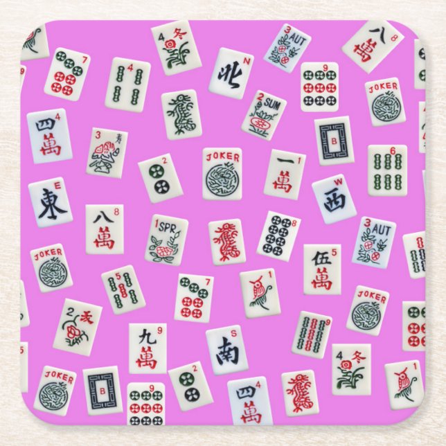 MahJongg-Fliesen auf rosa Hintergrund Rechteckiger Pappuntersetzer (Vorderseite)