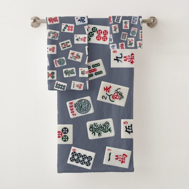 MahJongg Fliesen-Design auf dunkelblau Badhandtuch Set (Insitu)