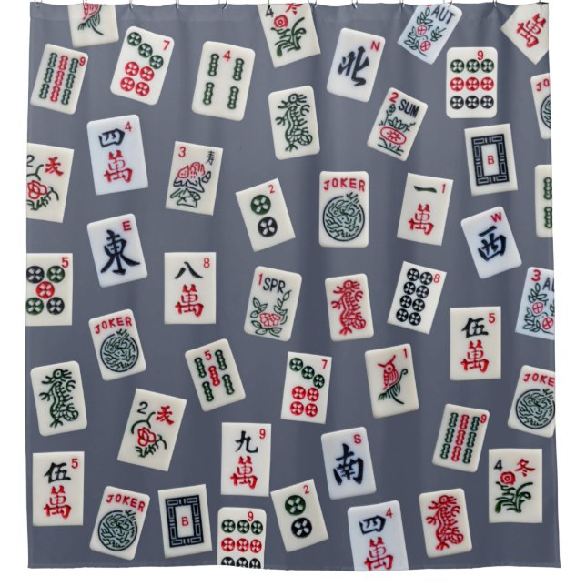 MahJongg Fliesen-Design auf dunkelblau Duschvorhang (Vorderseite)