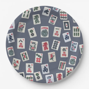 MahJongg Fliesen-Design auf dunkelblau Pappteller