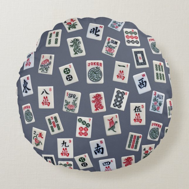 MahJongg Fliesen-Design auf dunkelblau Rundes Kissen (Vorderseite)