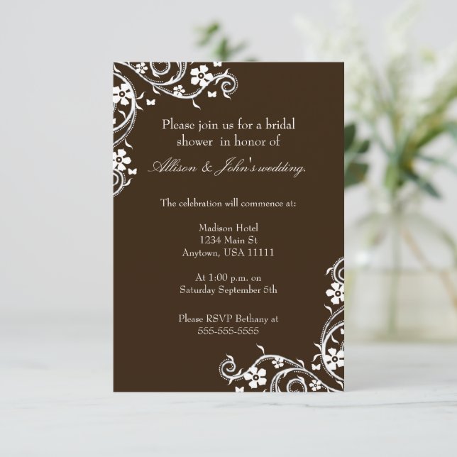Mahogany Floral Wirbel Bridal Dusche Einladung (Stehend Vorderseite)