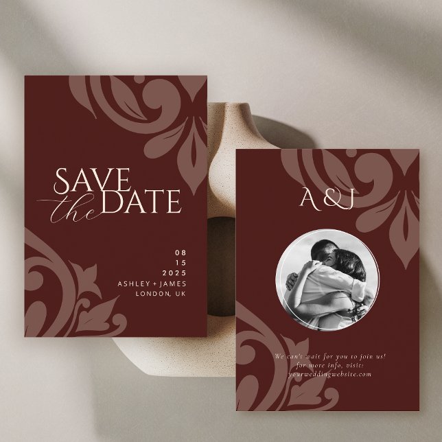 Mahogany Red Classic Damask Elegantes Foto Hochzei Save The Date (Von Creator hochgeladen)