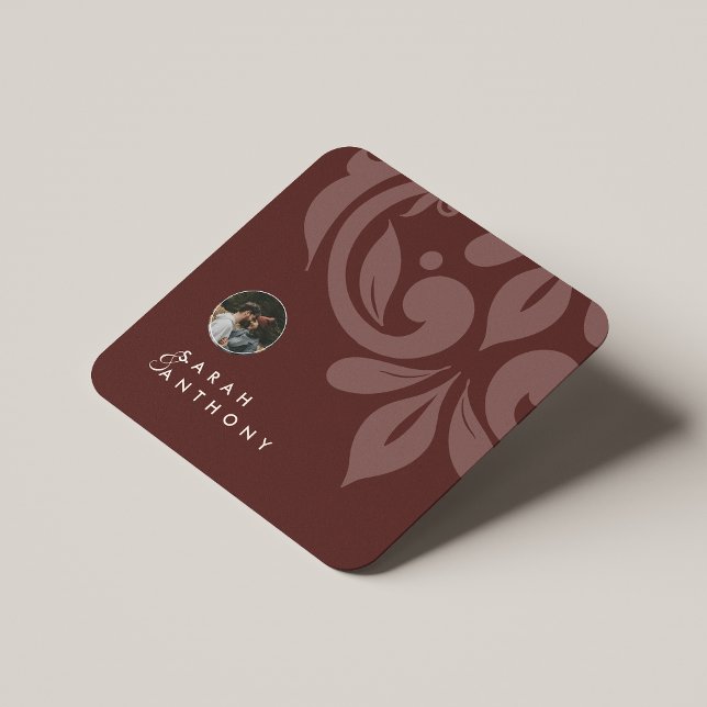 Mahogany Red Classic Minimal Damask Foto Hochzeit Rechteckiger Pappuntersetzer (Von Creator hochgeladen)