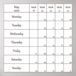 Mai 2020 Planer Kalender mit Wochennummer Poster