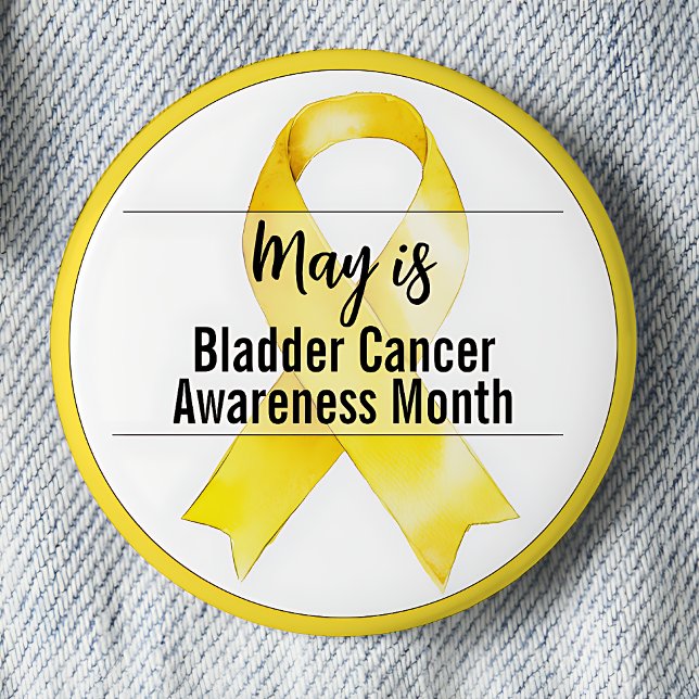 Mai Blase Krebs Bewusstsein Monat Band Button (May is Bladder Cancer Awareness Month pinback button.  Yellow awareness ribbon.)