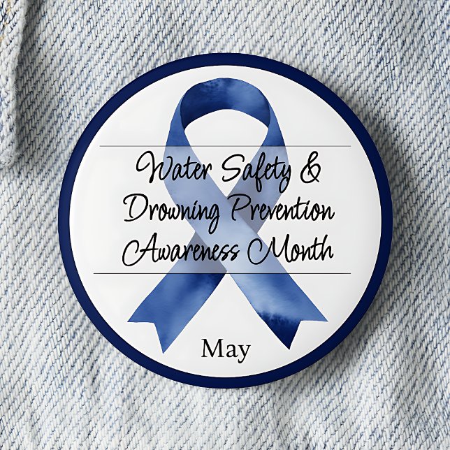 Mai Sensibilisierung für Wassersicherheit und Ertr Button (Water Safety & Drowning Prevention Awareness Month.   May.  Blue awareness ribbon.)