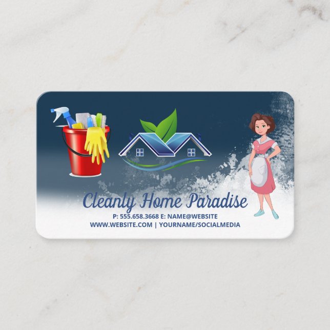 Maid Cleaning House and Cleaning Supplies Visitenkarte (Vorderseite)