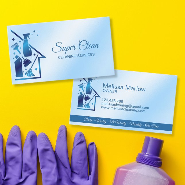 Maid Cleaning House professional Cleaning Services Visitenkarte (cleaning tools logo for cleaning services business, residential and commercial. blue color)