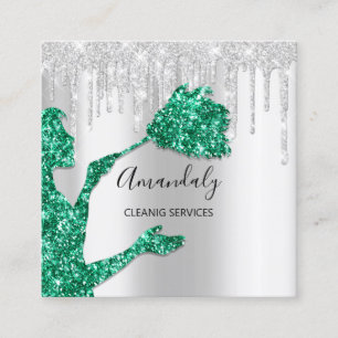 Maid House Cleaning Services Logo Silver Emerlat Quadratische Visitenkarte