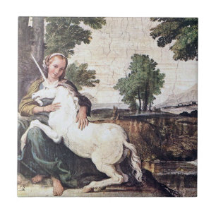 Maiden and Unicorn Tile by Domenichino ca. 1602 Fliese