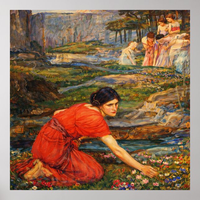 Maidens picking Flowers by a Stream by Waterhouse Poster (Vorne)