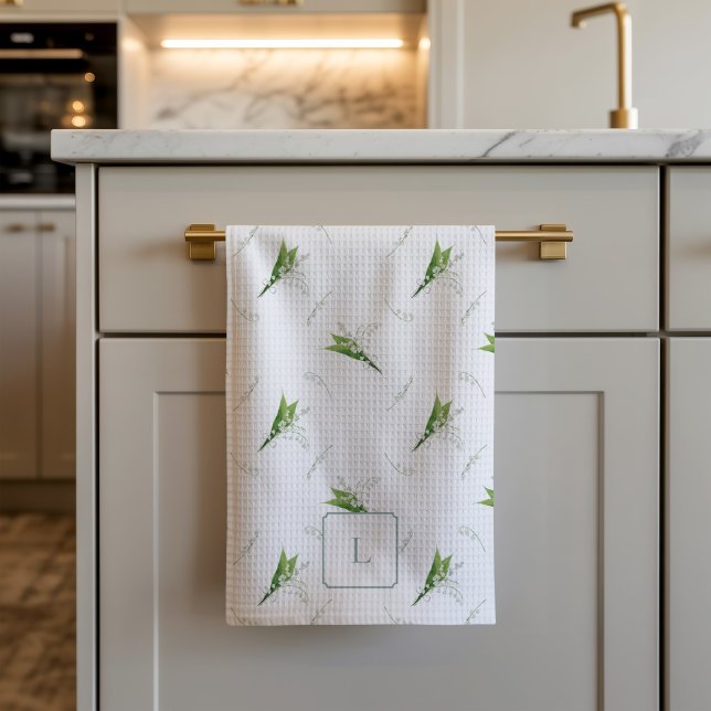 Maiglöckchen Weiße Blumen Monogramm  Geschirrtuch (Lily of the Valley Kitchen Towel)