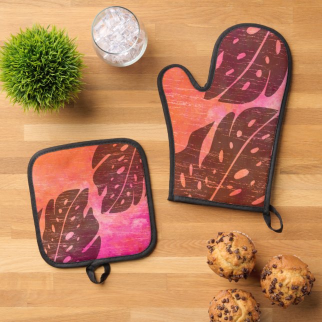Maikai Hawaiian Monstera Leaf Krawatte Dye Fuchsia Ofenhandschuh & Topflappen-Set (Oben Unten)