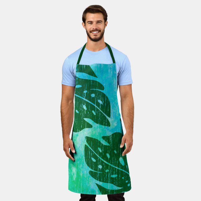 Maikai Hawaiian Monstera Leaf Krawatte Dye Green Schürze (Getragen)