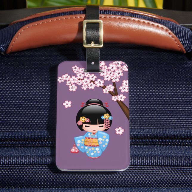 Maiko Kokeshi Doll - Blue Kimono Geisha Girl Gepäckanhänger (Vorderseite Insitu 2)