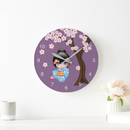 Maiko Kokeshi Doll - Blue Kimono Geisha Girl Große Wanduhr