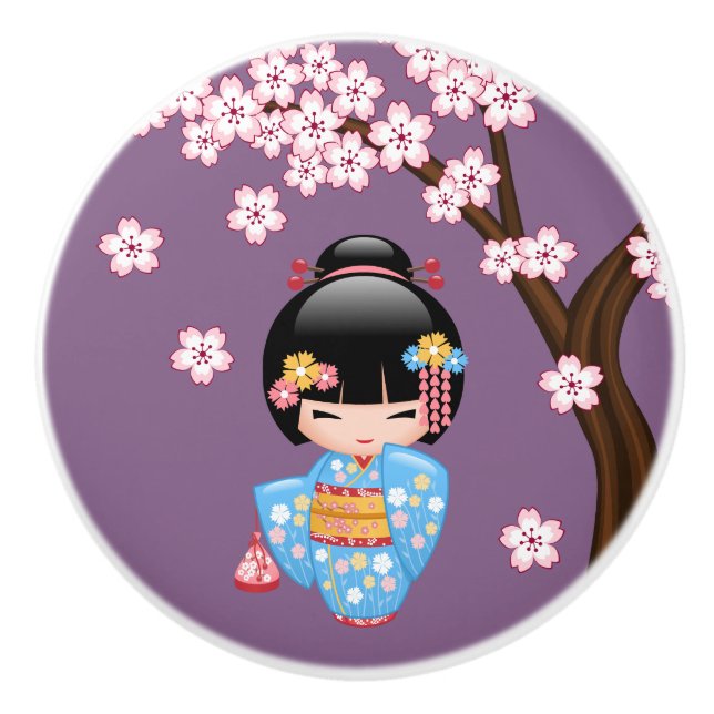 Maiko Kokeshi Doll - Blue Kimono Geisha Girl Keramikknauf (Vorderseite)