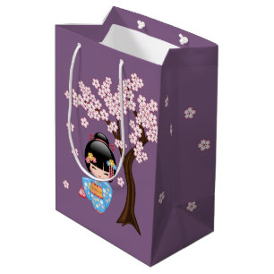 Maiko Kokeshi Doll Blue Kimono Geisha Girl Lila Mittlere Geschenktüte