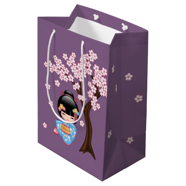 Maiko Kokeshi Doll Blue Kimono Geisha Girl Lila Mittlere Geschenktüte (Rückseite Schrägansicht)