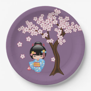 Maiko Kokeshi Doll - Blue Kimono Geisha Girl Pappteller