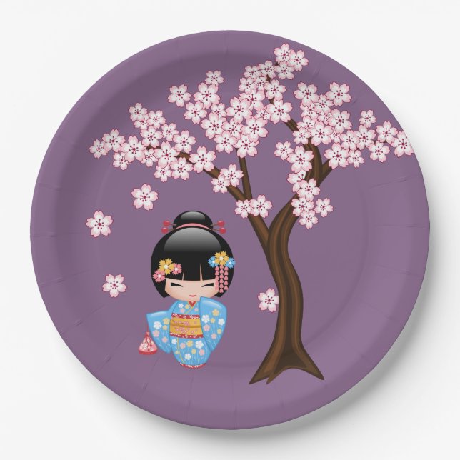 Maiko Kokeshi Doll - Blue Kimono Geisha Girl Pappteller (Vorderseite)