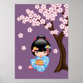 Maiko Kokeshi Doll - Blue Kimono Geisha Girl Poster