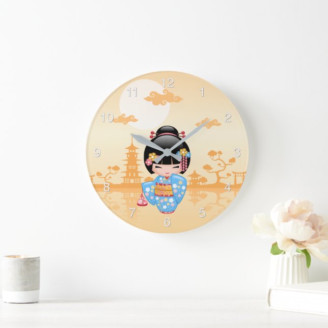 Maiko Kokeshi Doll Cute Geisha Girl Yellow Große Wanduhr (Zuhause)
