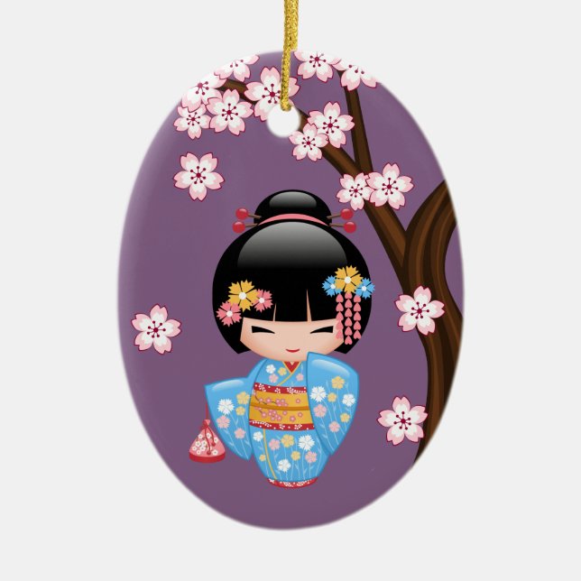 Maiko Kokeshi Doll - Niedlich Geisha Girl auf Lila Keramik Ornament (Vorne)