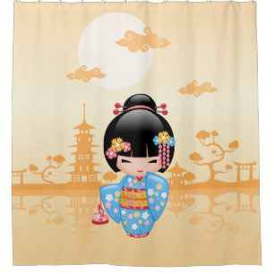 Maiko Kokeshi Doll Niedlich Geisha Girl Yellow Duschvorhang