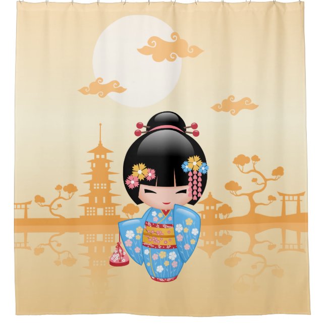 Maiko Kokeshi Doll Niedlich Geisha Girl Yellow Duschvorhang (Vorderseite)