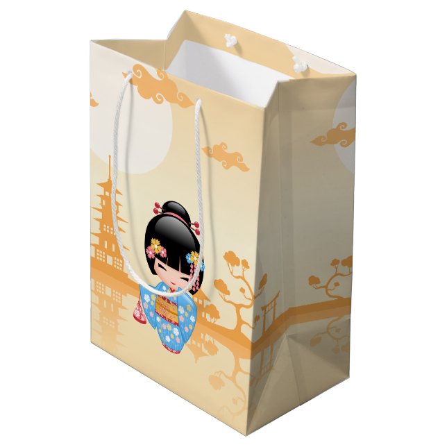 Maiko Kokeshi Doll Niedlich Japanisch Geisha Yello Mittlere Geschenktüte (Rückseite Schrägansicht)